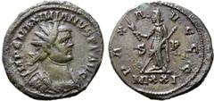 Roman Imperial Maximian BI Antoninianus. Struck under Carausius. London, circa AD 291-292. IMP C MAXIMIANVS P F AVG, radiate and cuirassed bust to right / PAX AVGGG, Pax standing to left, holding oliv