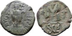 Byzantine Heraclius Æ 40 Nummi. Sicilian mint, struck circa AD 620. Crowned and draped bust of Heraclius facing, monogram to right; all within circular incuse countermark stamped on obverse type of Ju