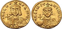 Byzantine Leo III 'the Isaurian', with Constantine V, AV Solidus. Constantinople, AD 720-721. ∂ NO LЄON P A MЧL', crowned bust of Leo facing, wearing chlamys, holding globus cruciger and akakia / ∂ N 