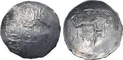 Byzantine Empire of Trebizond, Manuel I Comnenus AR Trachy. Trebizond mint, AD 1238-1263. The Virgin enthroned facing; MHP-ΘV across fields / Manuel standing facing, holding long labarum and akakia; s