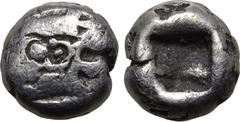 Greek Kingdom of Lydia, Alyattes EL Hemihekte - 1/12 Stater. Sardes, circa 600-561 BC. Head of roaring lion to right, sunburst on forehead / Incuse square punch. GRPC Lydia G30; Weidauer group XVI, 90