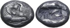 Greek Kingdom of Lydia, time of Kyros - Darios I AR Siglos. Sardes, circa 550-520 BC. Confronted foreparts of lion to right and bull to left / Two incuse square punches of unequal size. GRPC Lydia S3;