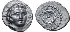 Greek Rhodos, Rhodes AR Drachm. Circa 88/42 BC-AD 14. Aristeidas, magistrate. Radiate head of Helios facing slightly to right / Rose seen from above; APIΣTEIΔAΣ above, thunderbolt below. Ashton & Weis
