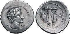 Roman Provincial Augustus AR Drachm of Kragos, Lycia. 27-20 BC. Bare head to right; Λ-Υ across fields / Two citharas; branch in left field, star in right field, KP in exergue. RPC I 3309; Troxell 113.