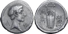 Roman Provincial Augustus AR Drachm of Masicytus, Lycia. 27-20 BC. Bare head to right; Λ-Υ across fields / Cithara; M above A in left field; tripod in right field. RPC I 3308; Troxell 115. 3.58g, 19mm