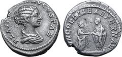 Roman Imperial Plautilla (wife of Caracalla) AR Denarius. Rome, AD 202. PLAVTILLAE AVGVSTAE, draped bust to right / CONCORDIAE AETERNAE, Plautilla and Caracalla standing facing, clasping hands. RIC IV