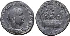 Roman Imperial Balbinus Æ Sestertius. Rome, AD 238. IMP CAES D CAEL BALBINVS AVG, laureate, draped and cuirassed bust to right / LIBERALITAS AVGVSTORVM, Balbinus, Pupienus, and Gordian III, all seated