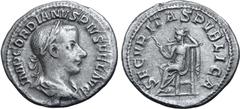 Roman Imperial Gordian III AR Denarius. Rome, AD 241. IMP GORDIANVS PIVS FEL AVG, laureate, draped and cuirassed bust to right / SECVRITAS PVBLICA, Securitas seated to left, holding sceptre and proppi