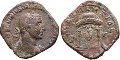 Roman Imperial Trebonianus Gallus Æ Sestertius. Rome, AD 251-253. [IMP C]AES C VIBIVS TREBONI[ANVS G]ALLVS AVG, laureate, draped and cuirassed bust to right / [IV]NONI MARTIAL[I], Juno seated facing i