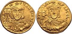 Byzantine Constantine V Copronymus, with Leo III, AV Solidus. Constantinople, AD 742-745. N CONSƮANƮINЧS•, crowned and draped bust of Constantine facing, holding cross potent and akakia / C LЄON PAMЧL