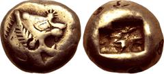 Greek Kingdom of Lydia, Alyattes EL Trite - 1/3 Stater. Sardes, circa 610-546 BC. Head of roaring lion to right, sunburst with six rays on forehead / Two incuse square punches. GRPC Lydia G26; Weidaue