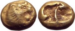 Greek Kingdom of Lydia, Alyattes EL Hekte - 1/6 Stater. Sardes, circa 600-561 BC. Lion's head to right with open jaws, sunburst on forehead / Two incuse square punches. GRPC Lydia G28; Weidauer 76-8; 