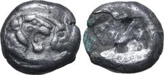 Greek Kingdom of Lydia, Kroisos Fourrée Siglos. Sardes, circa 561-546 BC. Confronted foreparts of lion to right and bull to left / Two incuse square punches of unequal size. Cf. GRPC Lydia S3; cf. SNG