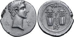 Roman Provincial Augustus AR Drachm of Tlos-Cragus, Lycia. 27-20 BC. Bare head to right; Λ-Υ across fields / Two citharas; TΛΩ above, caduceus between, KP below. RPC I 3309; Troxell 114. 3.63g, 19mm, 