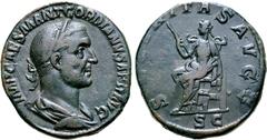 Roman Imperial Gordian I Africanus Æ Sestertius. Rome, AD 238. IMP CAES M ANT GORDIANVS AFR AVG, laureate, draped and cuirassed / SECVRITAS AVGG, Securitas seated to left, holding short sceptre; SC in