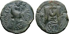 Byzantine Heraclius Æ 40 Nummi. Sicilian mint, struck circa AD 620. Crowned and draped bust of Heraclius facing, monogram to right; all within circular incuse countermark stamped on obverse type of Ju
