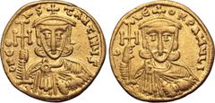 Byzantine Constantine V Copronymus, with Leo III, AV Solidus. Constantinople, AD 740-742. C LЄON P A MЧL I, crowned and draped bust of Leo facing, holding cross potent and akakia / C N CONSƮANƮINЧS, c