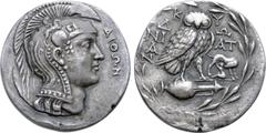 Paduans Electrotype: Crete, Cydonia AR Tetradrachm. Imitating the 'New Style' tetradrachms of Athens, circa 200-67 BC. Head of Athena Parthenos right, wearing necklace, pendant earring, and triple-cre