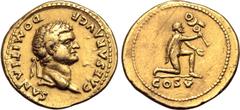 Roman Imperial Domitian, as Caesar, AV Aureus. Rome, AD 77-78. CAESAR AVG F DOMITIANVS, laureate head to right / Parthian captive kneeling to right, offering up standard with vexillum; COS V in exergu