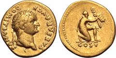 Roman Imperial Domitian, as Caesar, AV Aureus. Rome, AD 77-78. CAESAR AVG F DOMITIANVS, laureate head to right / Parthian captive kneeling to right, offering up standard with vexillum; COS V in exergu