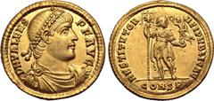 Roman Imperial Valens AV Solidus. Constantinopolis, AD 364 D N VALENS P F AVG, pearl-diademed, draped and cuirassed to right / RESTITVTOR REIPVBLICAE, emperor standing facing, head to right, holding l
