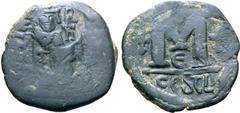 Byzantine Heraclius Æ 40 Nummi. Sicilian mint, struck circa AD 620. Crowned and draped bust of Heraclius facing, monogram to right; all within circular incuse countermark stamped on obverse type of Ju
