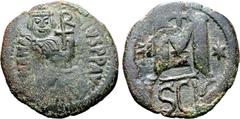 Byzantine Heraclius Æ 40 Nummi. Sicilian mint, struck circa AD 620. Crowned and draped bust of Heraclius facing, monogram to right; all within circular incuse countermark stamped on obverse type of Ju