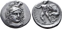 Greek Lucania, Herakleia AR Stater. Circa 350 BC. Head of Athena facing three-quarters to right, wearing triple-crested Phrygian helmet and necklace / ՒHPAKΛH[IΩN], Herakles standing facing, head to r