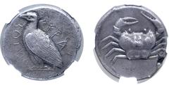 Greek Sicily, Akragas AR Tetradrachm. Circa 465-440 BC. Sea eagle standing to left, with wings closed; AKPACANTOΣ (partially retrograde) around / Crab within shallow incuse circle. Westermark, Coinage