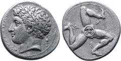 Greek Sicily, Syracuse AR Drachm. Time of Agathokles, circa 317-311 BC. Laureate head of Apollo to left; ΣϒΡΑΚΟΣΙΩΝ to left, small trophy to right / Winged triskeles with central gorgoneion. Jameson 8