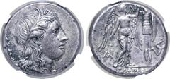 Greek Sicily, Syracuse AR Tetradrachm. Time of Agathokles, circa 310-305 BC. Head of Kore to right, wearing wreath of grain ears and single-pendant earring; KOPAΣ behind / Nike standing to right, erec