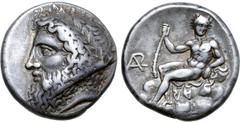 Greek Arkadia, Arkadian League AR Stater. Circa 363-362 BC. Bearded, laureate head of Zeus Lykaios to left / Youthful Pan reclining upon a rocky outcrop, his head three-quarters facing, mantle spread 