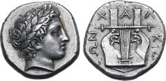 Greek Macedon, Chalkidian League AR Tetradrachm. Olynthos, circa 364-348 BC. Laureate head of Apollo to right / XAΛKIΔEΩN around kithara with six strings. Robinson & Clement 96 (A63/P83); SNG ANS 502 