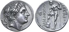 Greek Kingdom of Macedon, Demetrios I Poliorketes AR Tetradrachm. Amphipolis, circa 289-288 BC. Diademed and horned head to right / Poseidon, nude, standing to left, right foot propped on rock, holdin