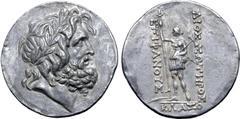 Greek Ionia, Klazomenai AR Tetradrachm. Circa 160 BC. Laureate head of Zeus to right / Amazon standing slightly to left, holding long sceptre and bipennis, short sword at side; palm branch lying at fe