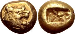 Greek Kingdom of Lydia, Alyattes EL Trite - 1/3 Stater. Sardes, circa 600-561 BC. Head of roaring lion to right, sunburst with five rays on forehead / Two incuse square punches. GRPC Lydia G25; Weidau