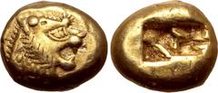 Greek Kingdom of Lydia, Alyattes EL Trite - 1/3 Stater. Sardes, circa 600-561 BC. Head of roaring lion to right, sunburst with five rays on forehead / Two incuse square punches. GRPC Lydia G25; Weidau