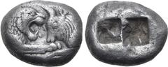 Greek Kingdom of Lydia, Kroisos AR Stater - Double Siglos. Sardes, circa 561-546 BC. Confronted foreparts of lion to right and bull to left / Two incuse squares of unequal size. GRPC Lydia S1; Berk 20