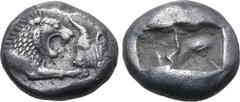 Greek Kingdom of Lydia, Kroisos AR Siglos. Sardes, circa 561-564 BC. Confronted foreparts of lion to right and bull to left / Two incuse square punches of unequal size. GRPC Lydia S3; Rosen 663-5; SNG