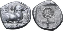 Greek Cyprus, Salamis AR Stater. Uncertain king, circa 480-460 BC. Recumbent ram to right; Cypriot syllabic 'na' before, Cypriot syllabic 'a-pu-ke(?)' above, Cypriot syllabic '?-mo-?' in exergue / Lar