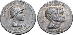 Greek Greco-Baktrian Kingdom, Eukratides I Megas AR Tetradrachm. Circa 170-145 BC. Dynastic pedigree issue. Draped and cuirassed bust to right, wearing crested helmet adorned with bull's horn and ear;