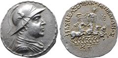 Greek Greco-Baktrian Kingdom, Plato AR Tetradrachm. Circa 145-140 BC. Diademed and draped bust to right, wearing crested helmet adorned with bull's horn and ear; all within bead-and-reel border / BAΣI