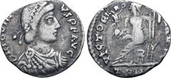 Miller Jovinus AR Siliqua. Treveri, AD 411-413. D N IOVINVS P F AVG, pearl-diademed, draped and cuirassed bust to right / VICTORIA AVGG, Roma seated to left on stylised cuirass, holding Victory on glo
