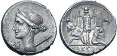 Roman Imperatorial Julius Caesar AR Denarius. Military mint travelling with Caesar in Spain, 46-45 BC. Draped bust of Venus to left, wearing stephane; small Cupid at point of bust; [lituus] to left, s
