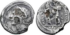 Roman Imperatorial Q. Cornuficius Fourée Denarius. Uncertain North African mint (possibly Utica?), spring - early summer 42 BC. Head of Ceres to left, wearing wreath of grain / Q. Cornuficius standing