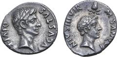 Roman Imperial Augustus, with Divus Julius Caesar, AR Denarius. Rome, 17 BC. M. Sanquinius, moneyer. AVGVSTVS DIVI • F, bare head of Augustus to right / M • SANQVI NIVS • III • VIR, youthful, laureate