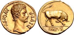 Roman Imperial Augustus AV Aureus. Lugdunum, 15-12 BC. AVGVSTVS DIVI F, bare head to right / Bull butting to right, pawing ground and flicking tail; IMP•X in exergue. RIC I 166a; C. 136; BMCRE 450; BN
