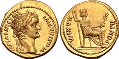 Roman Imperial Tiberius AV Aureus. Lugdunum, AD 14-37. TI CAESAR DIVI AVG F AVGVSTVS, laureate head to right / PONTIF MAXIM, Livia, as Pax, seated to right on throne with plain legs, holding branch an