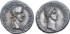 Roman Imperial Caligula, with Agrippina I (mother of Caligula), AR Denarius. Rome, AD 40. C CAESAR AVG PON M TR POT III COS III, laureate head of Caligula to right / AGRIPPINA MAT C CAES AVG GERM, dra