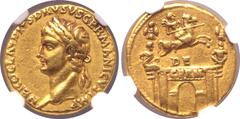 Roman Imperial Nero Claudius Drusus (father of Claudius) AV Aureus. Lugdunum, AD 41-42. NERO CLAVDIVS DRVSVS GERMANICVS IMP, head to left, wearing oak wreath / DE above and GERM on architrave of trium